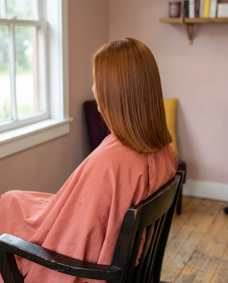 Shoulder-length copper hair cut to a clean line and blown out smooth, seen from behind in a coral cape