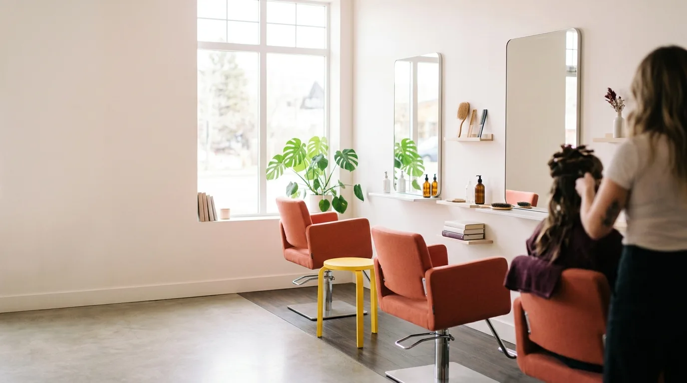 A bright hair studio with coral styling chairs, a yellow stool and a tall window full of daylight