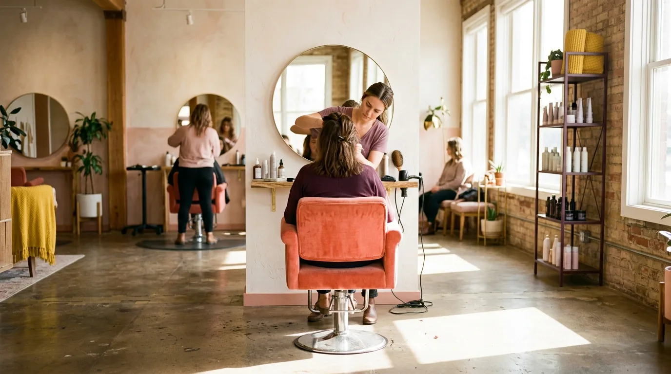 A wide view across a sunlit studio floor with a coral chair in use and round mirrors behind