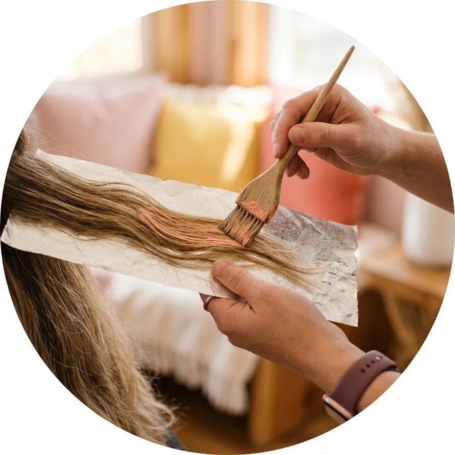 A brush painting balayage color onto a section of hair over foil