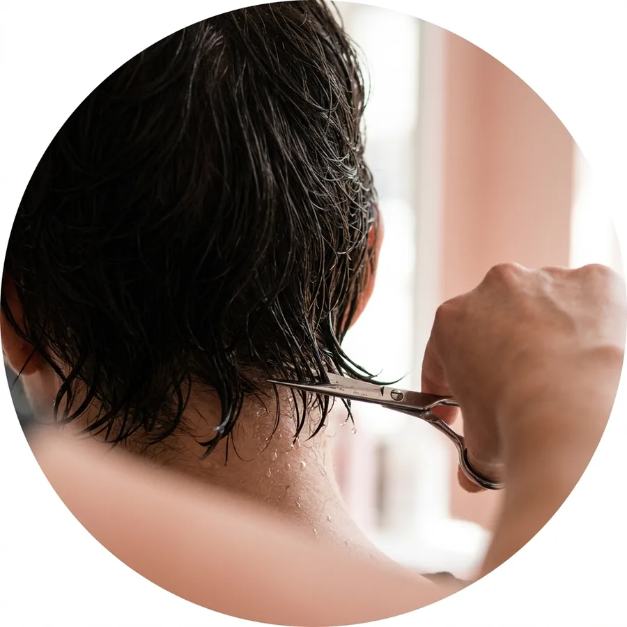 Scissors trimming damp hair at the nape of the neck