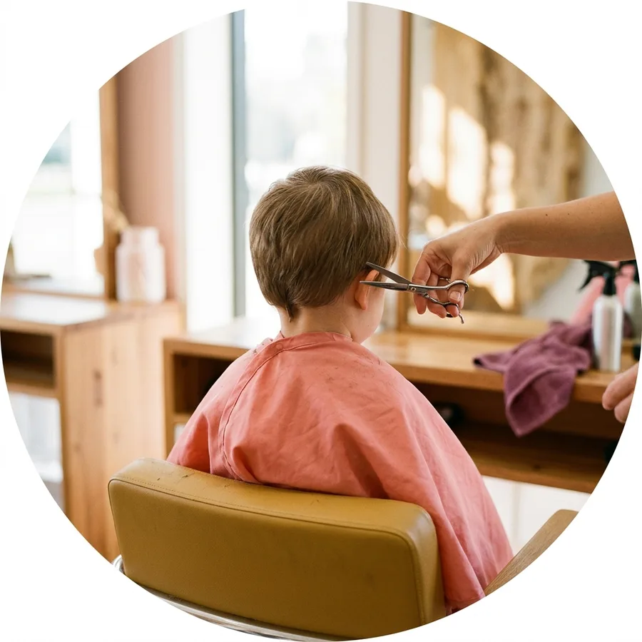 A child in a small coral cape getting a trim above the ears