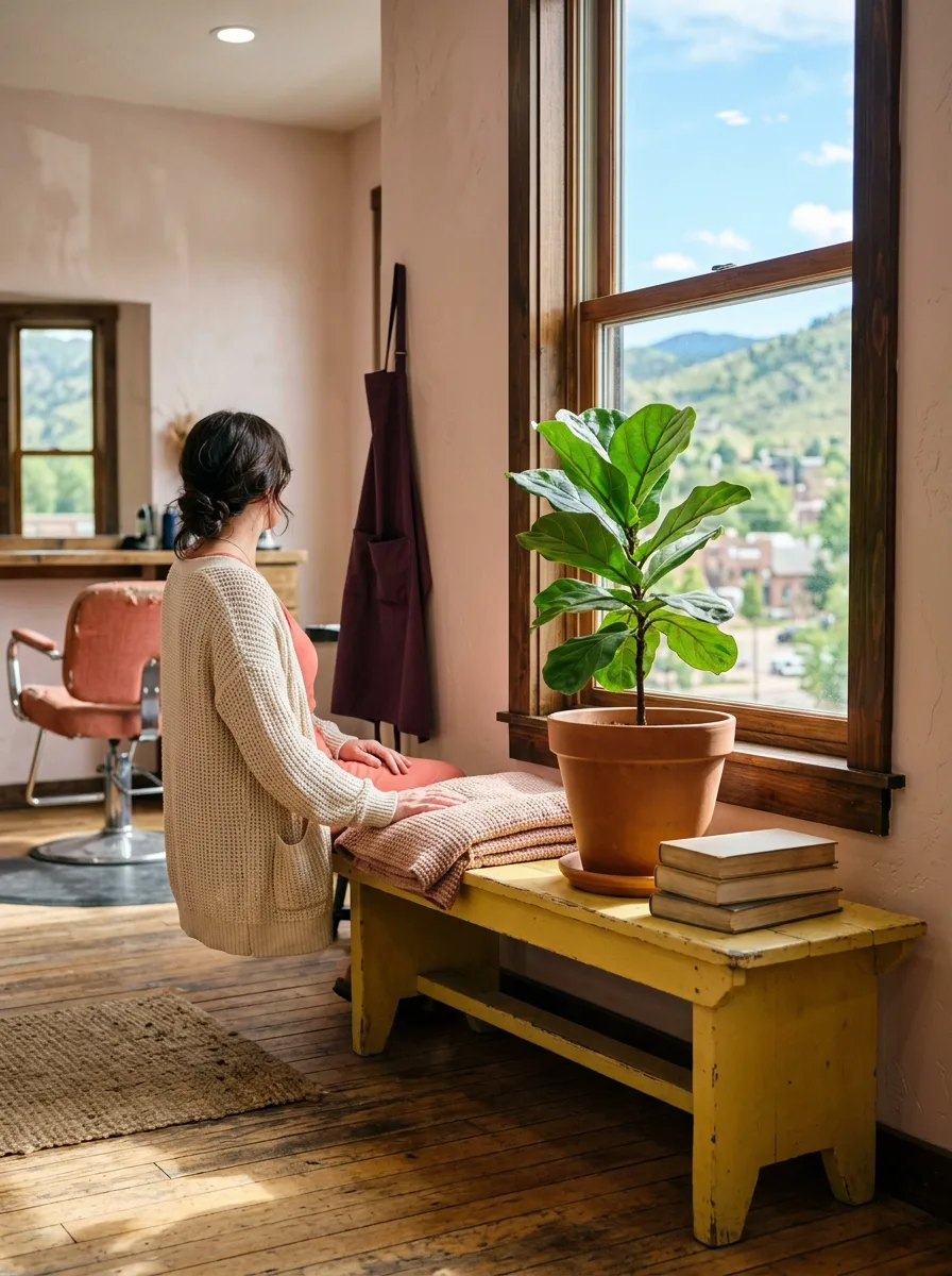 A sunlit corner with a yellow bench, a potted plant and a window onto green foothills