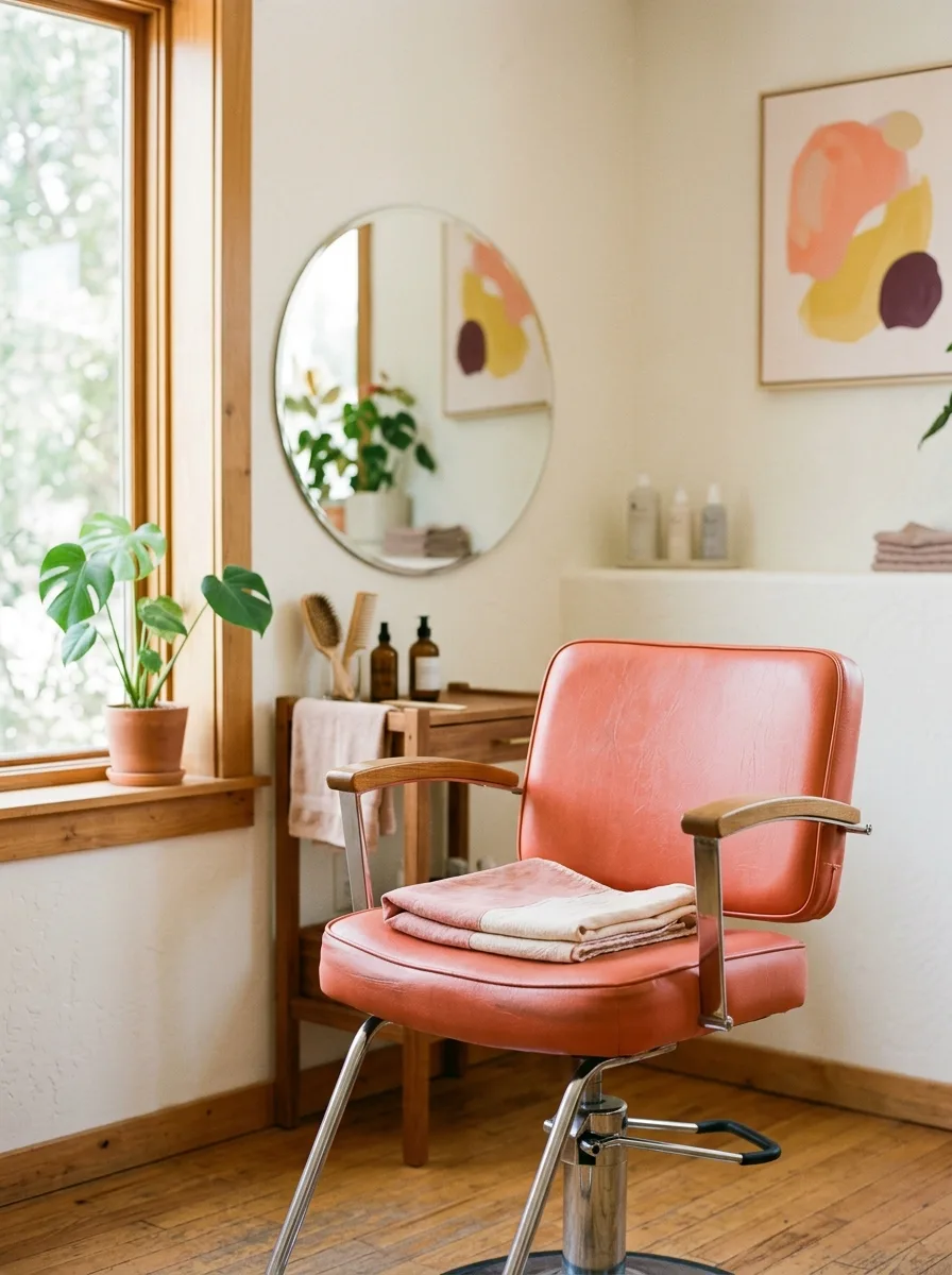 An empty coral styling chair with a folded cape on the seat