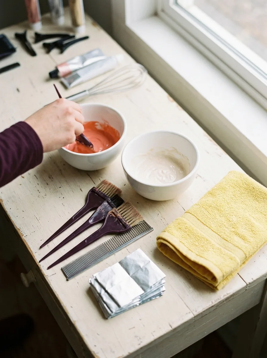 A tidy color station from above with mixing bowls, brushes, foils and a folded yellow towel