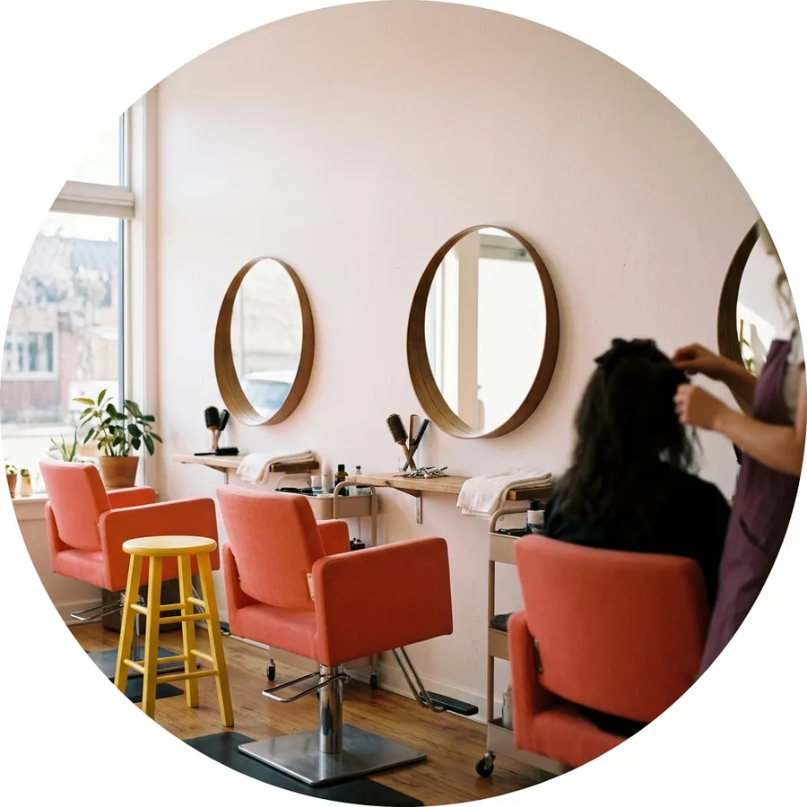 Three styling stations with coral chairs and round mirrors in afternoon window light